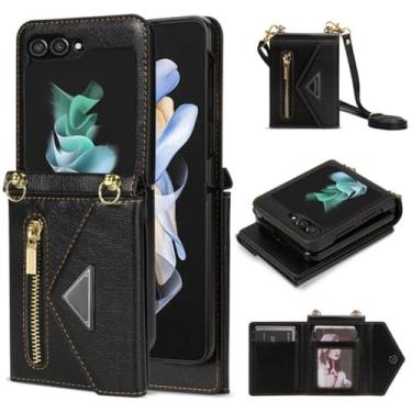 Imagem de Capa de telefone de couro com cordão crossbody para Samsung Galaxy Z Flip 6 5 4 Flip6 Flip5 Flip4 Capa de suporte para cartão de carteira com zíper, preta, para Galaxy Z Flip5