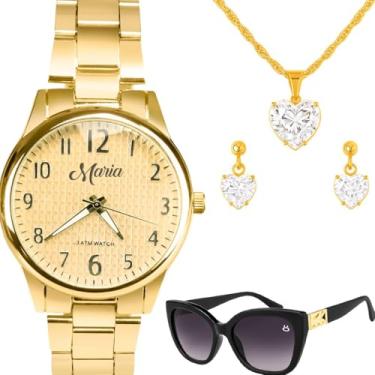 Imagem de Relogio Inox Aço Banhado Feminino + Oculos + Colar Brincos garantia protecao uv preto