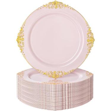 Imagem de Pratos de jantar de plástico Nervure Pink/Gold 26 cm 100 unidades