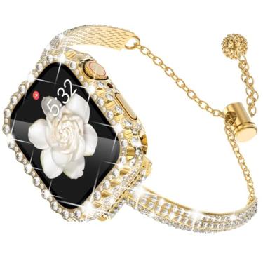 Imagem de WINGLE Pulseira feminina dourada para Apple Watch série 6 5 4 SE, pulseira de elos de metal com strass de diamante brilhante 2 em 1, à prova d'água, com borda de renda, protetor de tela, dourado