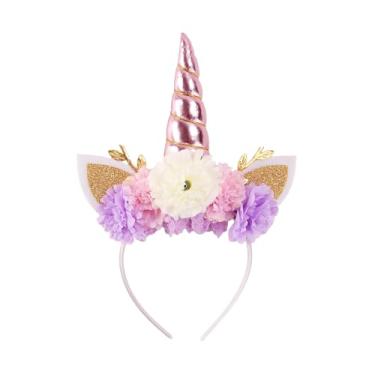 Imagem de Nishine Tiara de coroa de unicórnio com flor artificial com glitter para decoração de aniversário e cosplay (rosa)