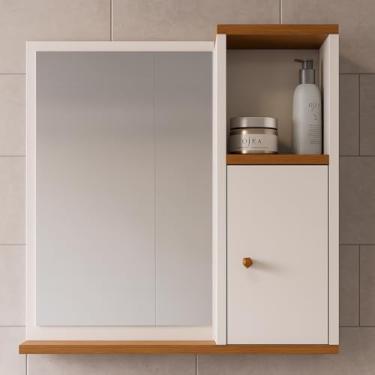 Imagem de Espelheira Suspensa Armário Aéreo de Parede para Banheiro Pequeno Apartamento Bancada Prateleira com Espelho 1 Porta e Nicho Organizador Deca Aqua - Offwhite/Freijó