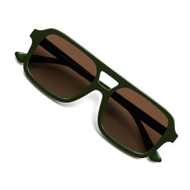 Imagem de VANLINKER Óculos de sol retrô estilo aviador quadrado anos 70 para mulheres e homens, vintage, moderno, retangular, óculos de sol VL9816, C21-Lente marrom/armação verde enegrecida, M