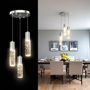 Imagem de Sytmhoe Luminária pendente de 3 luzes para ilha de cozinha, luminária pendente de sala de jantar de níquel escovado com cristal bolha, luzes de teto para quarto, ilha e cozinha