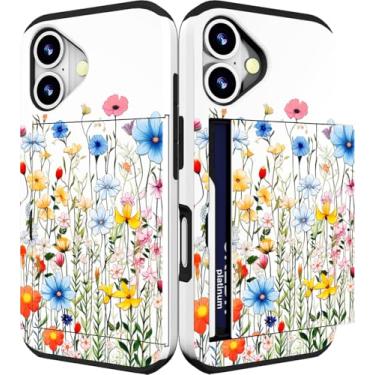 Imagem de IWONE Capa compatível com iPhone 17 com porta-cartões bonita à prova de choque proteção contra quedas capa carteira de telefone para mulheres - botões azuis flores grama