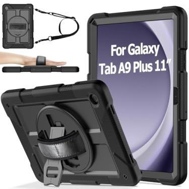 Imagem de AVAWO Capa para Samsung Galaxy Tab A9+ Plus 28 cm 2024 com alça giratória de 360° com cordão, preta