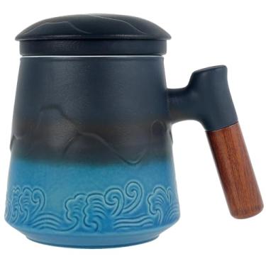 Imagem de kaimenhong Xícara de chá com infusor de chá e tampa, caneca de chá de cerâmica em relevo de montanha artística de 450 ml, xícaras de café vintage com coador de chá de malha fina, caneca ergonômica de