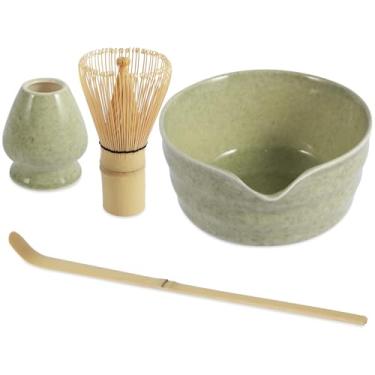 Imagem de Conjunto de 4 peças, kit Matcha japonês, conjunto de batedor Matcha com tigela Matcha de 500 ml com bico, suporte para batedor e colher de bambu, kit matcha de cerâmica, conjunto de chá matcha para