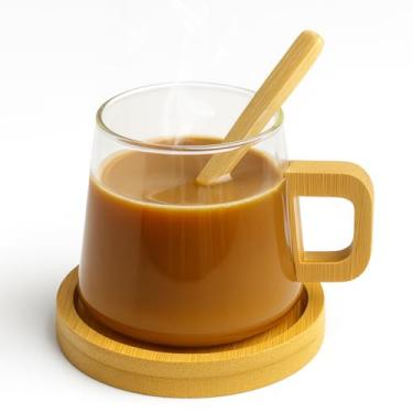 Imagem de Xícara de Café em Vidro 300ml com Alça, Base e Colher de Bambu – Conjunto Elegante para Café, Chá e Cappuccino (1 unid)