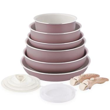 Imagem de Conjunto de panelas e frigideiras antiaderentes – Conjunto de panelas de cozinha da YIIFEEO, conjunto de panelas e frigideiras destacáveis, cabo removível, conjunto de cozinha para acampamento, forno