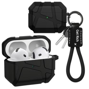 Imagem de Fofvccv Capa para AirPods 4, textura de meteorito com chaveiro e cordão para homens, capa de camada dupla de TPU resistente à prova de choque, capa rígida protetora legal para AirPods 4ª geração 2024