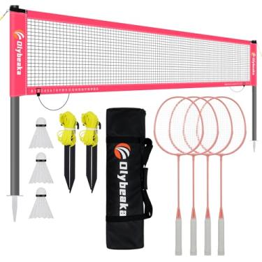 Imagem de Olybeaka Conjunto de rede Baminton ao ar livre para quintal, praia, jogos familiares com rede anti-queda de 6 x 90 cm, 4 raquetes de badminton de alumínio, 3 petecas, bolsa de transporte - fácil de