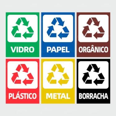 Imagem de Adesivo Sinalização de Reciclagem Coleta Seletiva Kit 6 Etiquetas para Lixeiras Vidro Papel Plástico Metal Orgânico Borracha