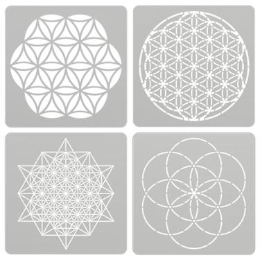 Imagem de Therwen 4 estênceis de metal reutilizáveis de geometria sagrada versão flor da vida, 64 tetraedros, semente da vida, modelo de desenho para queima de madeira, gravação, artesanato, scrapbook, pintura