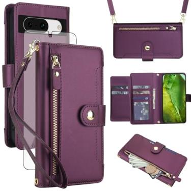 Imagem de Asuwish Capa de celular para Google Pixel 8A carteira com zíper, protetor de tela de vidro temperado e alça de pulso transversal, suporte para cartão de crédito Pixel8A A8 5G mulheres meninas roxo