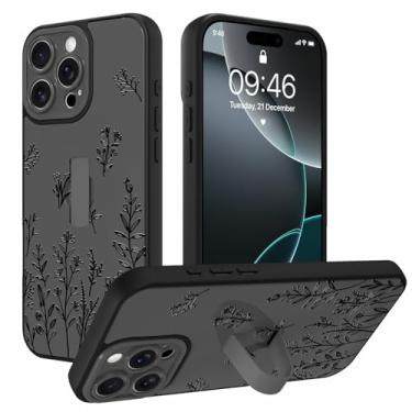 Imagem de AIGOMARA Capa para iPhone 16 Pro com alça de dedo linda flor preta floral para mulheres meninas TPU macio amortecedor rígido PC traseiro antiqueda à prova de choque capa fina