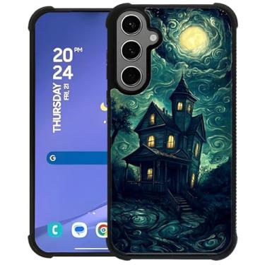 Imagem de CARLOCA Capa compatível com Samsung Galaxy S24 Plus S25 Plus para meninas e meninos, capa rígida, proteção à prova de choque, antiderrapante, estampa moderna, céu noturno, lua e casa assombrada