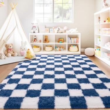 Imagem de Quntue Tapete xadrez para sala de estar 15 x 23 cm, tapete de área grande ultramacio felpudo para quarto, tapete antiderrapante moderno de pelúcia macio para quarto de crianças, meninas e meninos