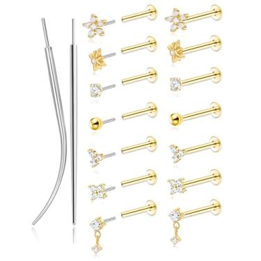 Imagem de Wrlcorly Brincos sem rosca com costas planas 20G aço cirúrgico Push in Nose Studs Rings Cartilage Helix Tragus Conch Lip Labret Medusa CZ piercing de narina para mulheres dourado prateado, Aço