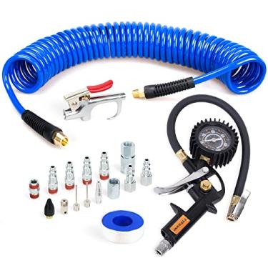 Imagem de FYPower 18 Pieces Air Compressor Accessories kit, 1/4 inch x 25 ft Recoil Poly Air Compressor Hose Kit, 1/4" NPT Quick Connect Air Fittings, 100 PSI Tire Inflator Gauge, Heavy Duty Blow Gun
