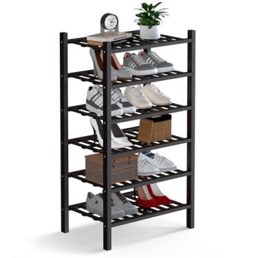 Imagem de Haddockway Pequeno organizador de armazenamento de sapatos de bambu de 6 níveis, prateleira empilhável multifuncional com painel de grade para armário, corredor, entrada, espaço pequeno 46 x 28 x 86