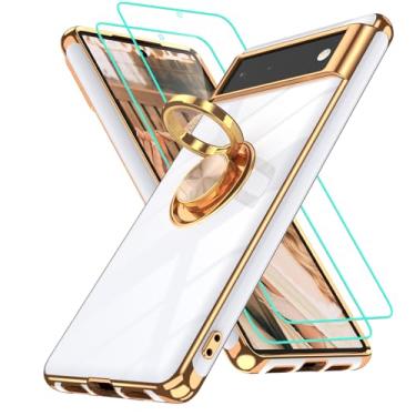 Imagem de Gritup Capa para celular Google Pixel 6: 2 peças, protetor de tela, suporte de anel de rotação de 360°, suporte magnético, borda dourada, capa protetora à prova de choque de TPU macio para telefone