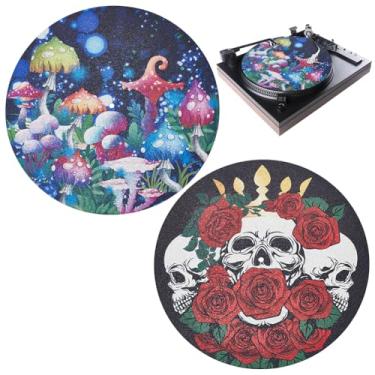 Imagem de UNICRAFTALE Tapete giratório de cogumelo, 2 peças, tapete de cortiça, crânio gótico, rosa, tapete não estático para toca-discos de vinil, almofada de feltro, acessórios giratórios, 30,3 x 0,35 cm