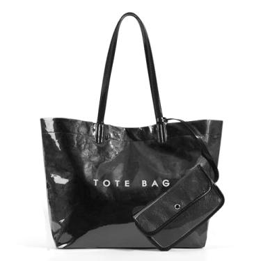 Imagem de Lushandy Bolsa de PVC para mulheres, sacola de plástico grande com estampa de letras, sacola para trabalho, moderna, papel kraft, bolsa Hobo de ombro, Preto, One Size