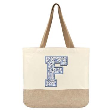 Imagem de Jeteman Sacola de lona inicial, bolsas femininas personalizadas com monograma, presente de aniversário de lua de mel para damas de honra, F, Large