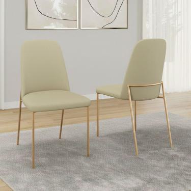 Imagem de Kit 02 Cadeiras Sala de Jantar Lior com Encosto Estofado Base Dourada Linho Bege - Desk Design