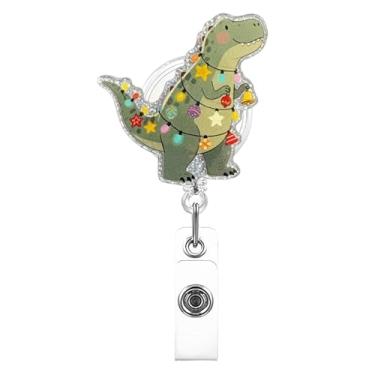 Imagem de Carretéis de crachá de Natal retráteis, porta-crachás de acrílico de dinossauro verde fofo com cordão retrátil de 59,9 cm, presente engraçado para enfermeiras, professores, estudantes, funcionários de