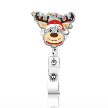 Imagem de Carretel de crachá de rena de Natal com glitter, carretéis de crachá de acrílico retrátil, com clipe retrátil de 360 graus, clipe de crachá de Natal, bonito porta-cartão de identificação para