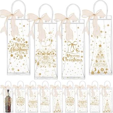 Imagem de Henoyso Sacos de presente transparentes de Natal com alças e fita de plástico para doces de Natal, sacolas de embrulho de presente de PVC para lembrancinhas de festa de Natal (clássico, 12 peças)