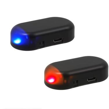 Imagem de 2 peças de alarme simulado de energia solar para carro, segurança intermitente de LED antirroubo, luz de segurança de aviso automotivo com porta de carregamento USB, luz azul e vermelha (preto)