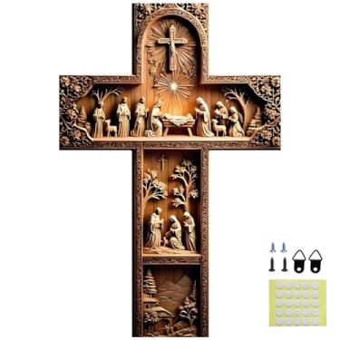 Imagem de Decoração de parede de cruz de madeira - Decoração de arte de parede cristã vintage abençoada de 30 cm, decoração de presépio para jardim, casa, sala de estar, quarto, entrada, presente de sala de