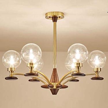 Imagem de Lustre Sputnik de metal dourado vintage com decoração em madeira e luz suspensa de vidro Luminária moderna com 3 luzes para cozinha, ilha, sala de jantar, bar, design à base de cobre com noz
