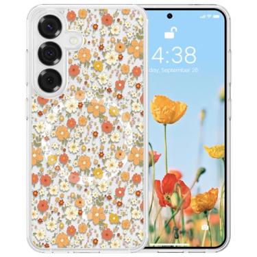 Imagem de RALEAVO Capa para Samsung Galaxy S24 compatível com MagSafe Clear Floral Pattern Design Cute Cover for Girls Women Slim Magnetic Hard Back à prova de choque para S24, flores laranjas