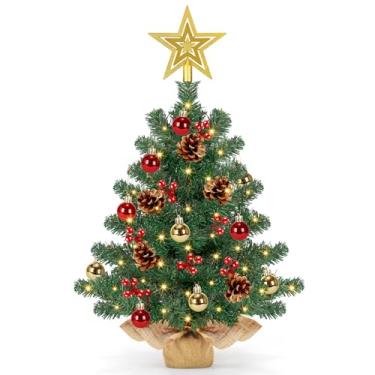 Imagem de Árvore de Natal de mesa realista de 61 cm, pequena árvore de Natal com 50 luzes quentes, bagas vermelhas, pinheiro, base de serapilheira, decoração de Natal para mesa interna (estilo 03)