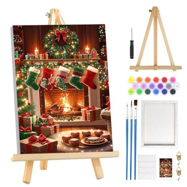 Imagem de MOGTAA Kit de pintura de Natal por números para adultos iniciantes com moldura, meias de Natal para adultos kits de pintura por números em tela com cavalete, kits de pintura a óleo DIY fáceis para