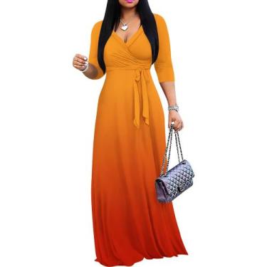 Imagem de Vestido maxi PinkPatty Gradient com decote em V e mangas 3/4 para mulh