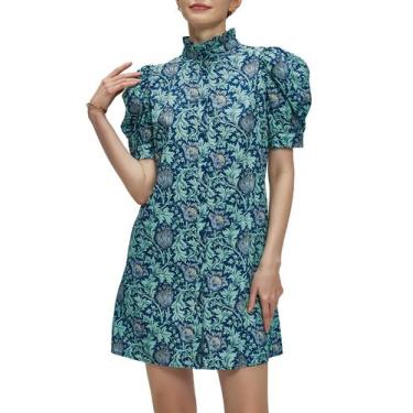 Imagem de Vestido Ladyful Summer Floral de Manga Curta com Botão Azul Feminino