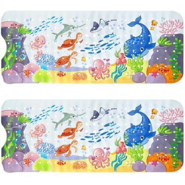 Imagem de 2 peças, tapete de banho para bebês, 101,6 x 40,6 cm, antiderrapante, com ventosas e orifícios de drenagem, tapete de banheira de desenho fofo lavável na máquina para banheiro, bebês, crianças (estilo