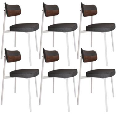 Imagem de Kit 06 Cadeiras Estofada Para Sala de Jantar Astrid Branco C01 Linho Preto Courino Whisky - Lyam Decor