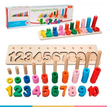 Imagem de Brinquedo Educativo de Madeira, Tabuleiro de Números 1-10 com Argolas Coloridas, 39,5×10 cm
