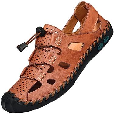 Imagem de Sandálias masculinas Chinelos masculinos chinelos de dedo fechado sapato de verão couro respirável externo casual praia esporte caminhada trabalho masculino marrom preto grande tamanho grande, Marrom, 9.5