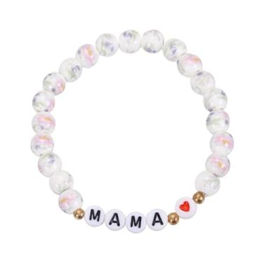 Imagem de PATIKIL Pulseira de porcelana azul e branca para mãe, pulseira vintage floral de coração MAMA com cordão elástico feito à mão com bolsa de veludo para presentes de Dia das Mães, coração branco