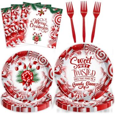Imagem de Joliaco Conjunto de 96 peças de utensílios de mesa de bengala doce de Natal, doces, mas torcidos, pratos e guardanapos de papel descartáveis, doces vermelhos, artigos de festa de Natal para 24
