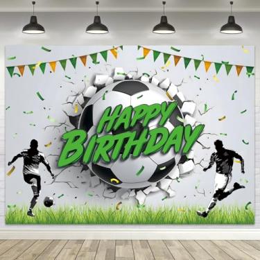 Imagem de LGhtyro Pano de fundo de futebol de feliz aniversário, tema de futebol quebrando a parede, faixa de festa de bebê para crianças, meninos, decoração de fundo, bandeiras coloridas, tecido grama verde
