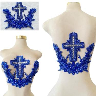 Imagem de Patch bordado feito à mão com contas cruzadas, aplique de strass feito à mão, design criativo, decoração de roupas para vestido de casamento antecessor ou terno masculino nas costas (azul)
