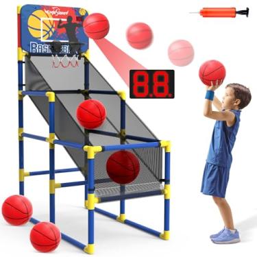 Imagem de EagleStone Jogo de arcada de basquete para ambientes internos com placar eletrônico, cesta de basquete ao ar livre para crianças com 4 bolas cor azul